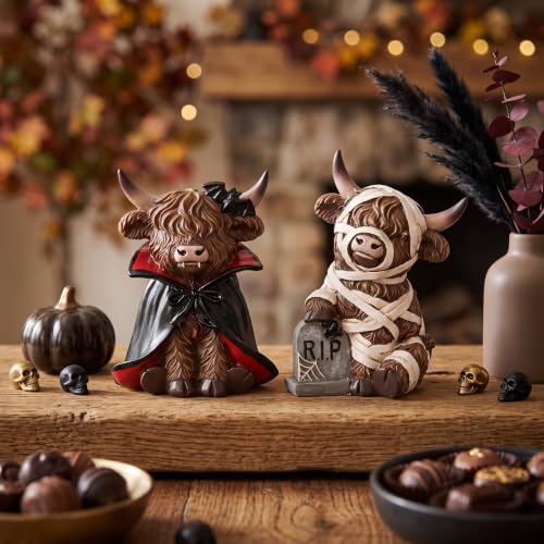 Halloween Highland Cow Decor Set - Resin Vampire & Mummy Figurines - Multicolor 10
