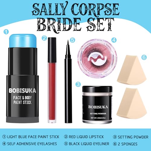 Halloween Face & Body Paint Kit - Light Blue Stick, Lipstick, Liner, Lashes, Powder & Sponges – Variation: Light Blue Painting Stick Set