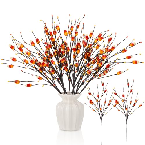 Halloween Candy Corn Artificial Stems - 8 Count, 20 Inch Fall Decor with Fake Candies - Spooky Autumn Vases Arrangement