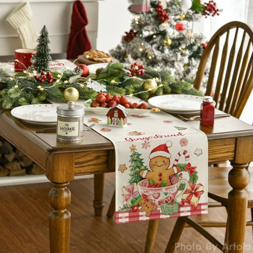 Gingerbread Man Xmas Table Runner 13x108 Inch Home Party Decor - Red