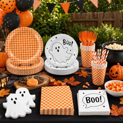 Halloween Party Supplies Set 156 Pieces Ghost & Orange Checkered Tableware