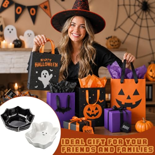 Halloween Ceramic Candy Bowls Set - Ghost and Spider Web Design, 2 Pieces, Black & White