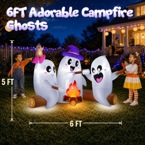 6FT Halloween Inflatable Ghosts with Campfire & LED Lights Outdoor Yard Decor