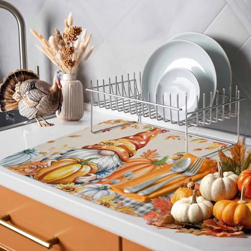 Fall Dish Drying Mat Pumpkin Orange 18x24 Inch | Absorbent Microfiber Kitchen Counter Mat