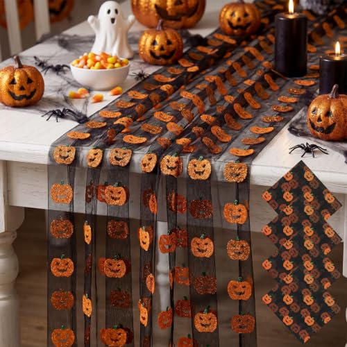 Halloween Pumpkin Table Runner Set - Black Tulle with Jack-o-Lanterns, 4 Pieces, 29x70 Inches - Pumpkin Variation