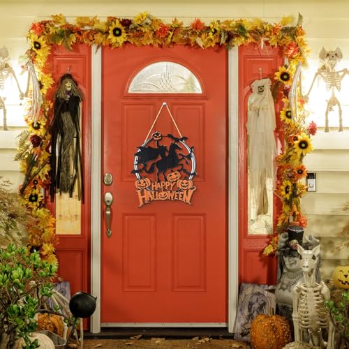 Halloween Welcome Sign for Front Door Headless Horseman Pumpkin Bat Wooden Hanging Sign Halloween Decor
