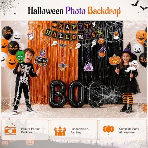 Halloween Party Decorations Set - Black & Orange Halloween Festive Supplies, 112 Pieces with Banners, Balloons & Props - Variation: Black Orange