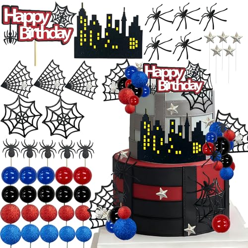 Spider Cake Topper Spider Web Decoration Set - Red-Blue Hero Theme Birthday Party Supplies