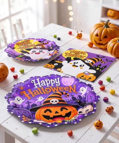 Halloween Heavy-Duty Paper Plates and Napkins Set - Dark Purple, Curved 9inch & 7inch - Spooky Gothic Party Supplies - 150 Pieces