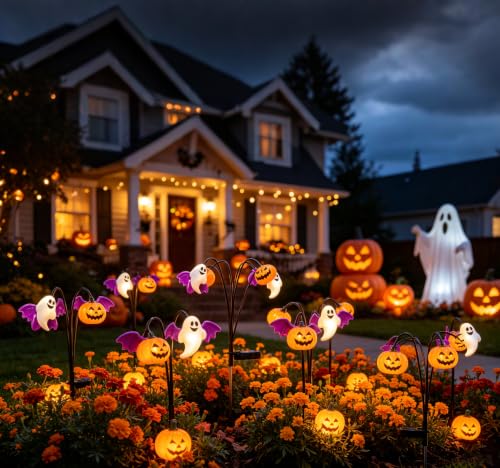 Halloween Solar String Lights with Bat, Ghost & Pumpkin Decorations - Outdoor Yard & Garden Decor