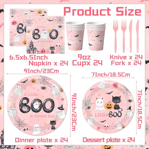 Pink Halloween Baby Shower Dinnerware Set - Plates Napkins Cups for Girl Party
