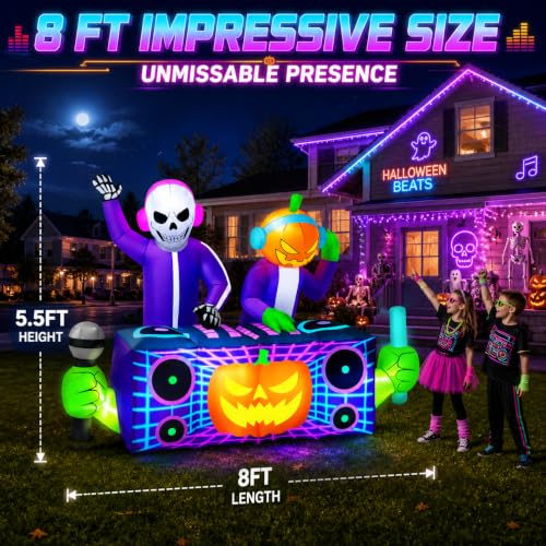 8FT Halloween Inflatable Skeleton Pumpkin DJ Duo Outdoor Decorations