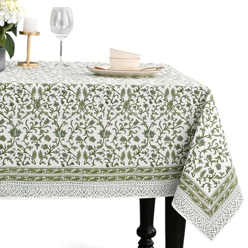Meadow Vine Cotton Tablecloth 60x90 Inch - Indian Block Print Rectangular Cover - Perfect for Weddings & Holidays