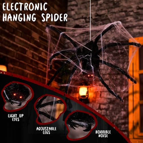 Halloween Animatronics Floating Hanging Spider - Sound Activated with Creepy Light-Up Eyes - Indoor Outdoor Haunted House Decor - Variation: Hanging Spider