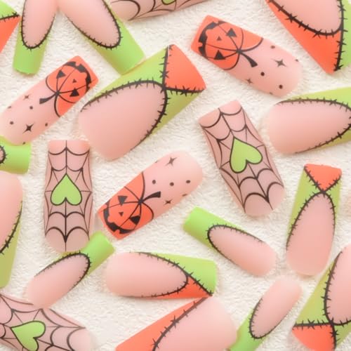 Halloween French Tip Press On Nails - Pumpkin Square Shape Fake Nails w4