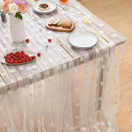 White Embroidery Daisy Tablecloth 60x120 Inch Rectangular - Durable Polyester