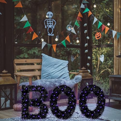 Outdoor Halloween Boo Sign Set with Purple LED Lights - Black & Purple, 3 Pieces
