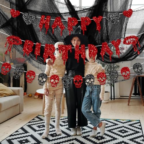 Halloween Birthday Banner Garland with Glitter Skull and Heart Decor