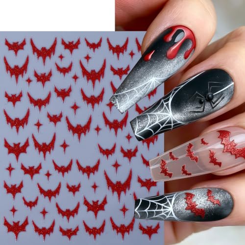 Halloween Bat & Cat Nail Art Stickers Set - Self-Adhesive 3D Horror Goth Decals for Nails - Dark Black & Red Glitter - Variation: Halloween Bat Cat