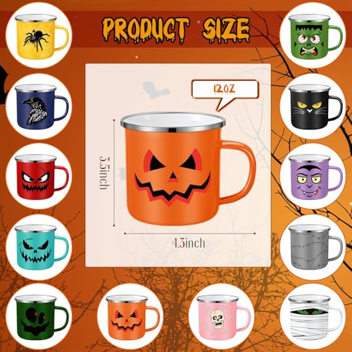Halloween Coffee Mugs Set - 12 oz Enamel Drinkware with Cute Spooky Designs - 12 Pack