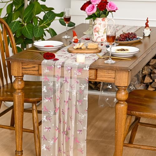 Pink Bow Beige Gauze Table Runner 120 Inch 10FT - Valentine’s Day Wedding Decor
