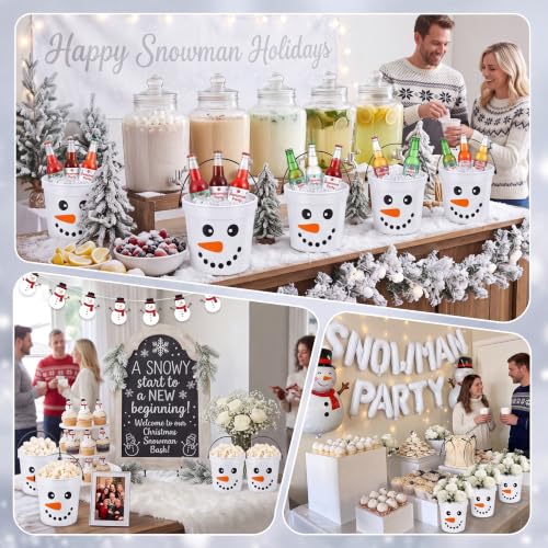 12 Pack Christmas Snowman Candy Buckets with Handles - Holiday Treat Pails