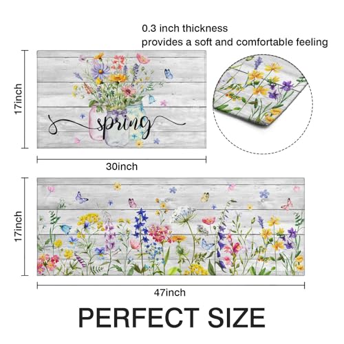 Spring Kitchen Rug Set of 2 Non-Slip Washable Floral & Wood Grain Mats - Spring