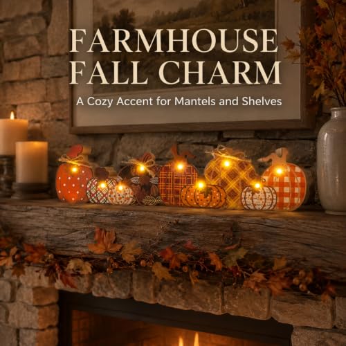 Halloween Pumpkin Decor with Light - Rustic Wooden Fall Centerpiece, Orange
