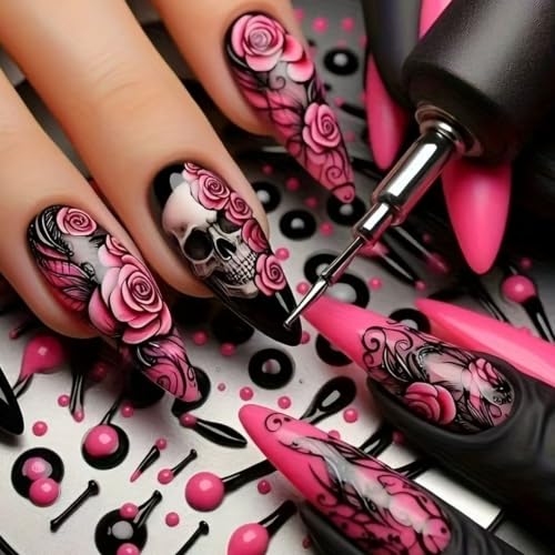 Halloween Press On Nails Medium Almond Skull Flower Floral Design 24Pcs - Black Pink