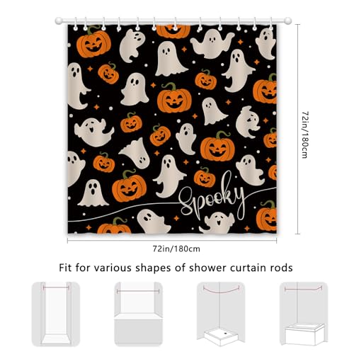Halloween Ghost Pumpkin Shower Curtain - Black, Waterproof, 72x72 in