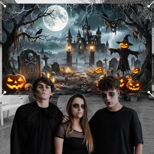 Avezano Halloween Banner 6x3.6ft Spooky Haunted Graveyard Backdrop - Creepy Halloween Decorations