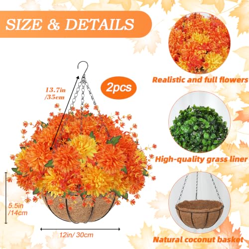 Orange Fall Hanging Basket Artificial Mums Set for Porch & Garden Decor - 2PCS