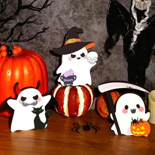 Cute Medium Ghost Halloween Decor Set - Spooky Indoor Table & Tiered Tray Pumpkin Decorations - Double-Sided Halloween Figures