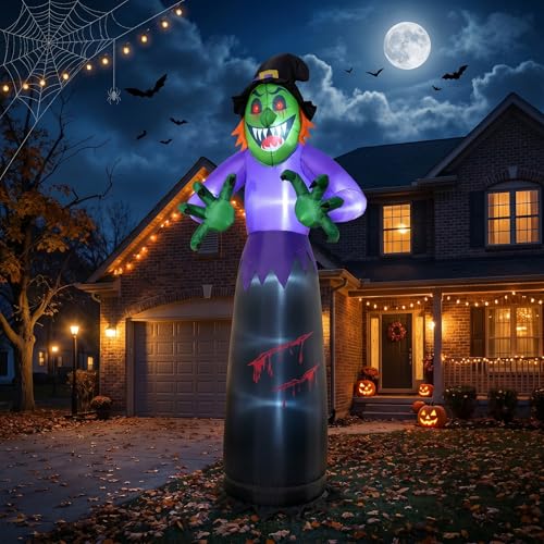 10FT Inflatable Halloween Witch Decor with LED Lights, Outdoor Yard Decoration