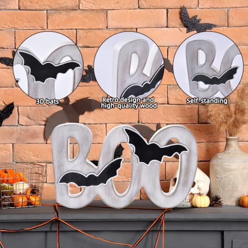 White Wooden Boo Sign Halloween Decor Indoor Table Centerpiece