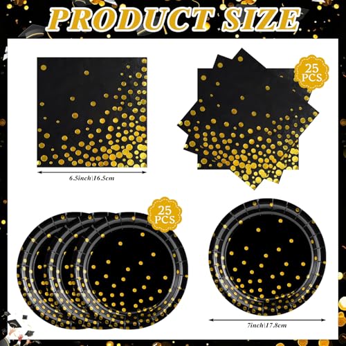 Black Gold Plates and Napkins Set - 25 Guests, Black Golden Dot Variation