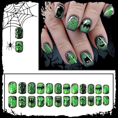 Green Halloween Press-On Nails Set - Short Square Fake Nails with Ghost Face & Pumpkin Designs, 24 Pieces