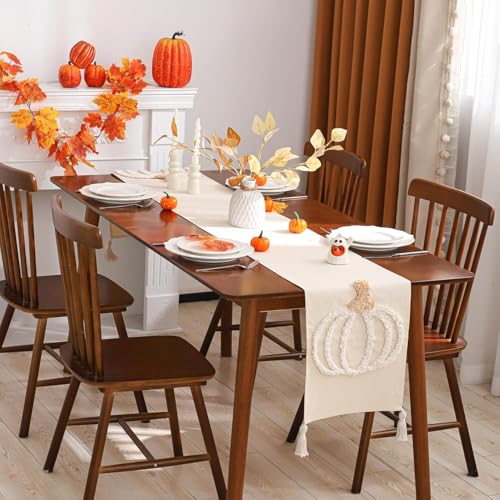 Halloween Beige Pumpkin Embroidered Table Runner 13x90 with Tassels - Pack of 1