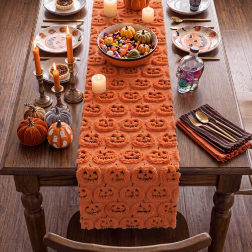 Halloween Pumpkin Table Runner 13x72 Plush Faux Fur Jacquard Decor