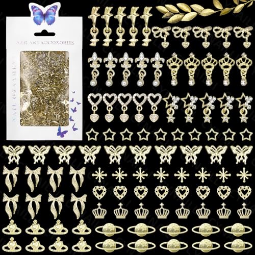 110 Pcs Gold Nail Charms & Gems Set with Stars Hearts Bows & Planets - S1