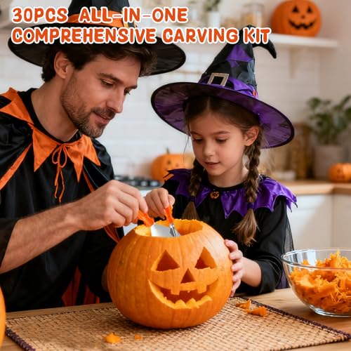 Pumpkin Carving Kit 30 Pcs with Stencils, Tools & Candles for Halloween DIY Kids & Adults