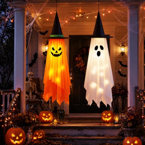 Halloween Outdoor Decorations 4ft Hanging Decor with Timer & Remote Control - Orange & White 2 Pack