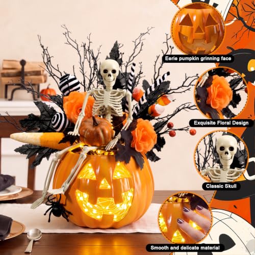 Halloween Skull Pumpkin Vase with Black & Orange Branches - DIY Spooky Decor - Skull Variation