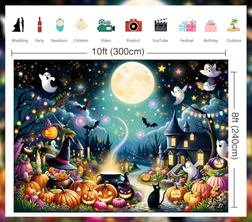Halloween Cartoon Backdrop Kids & Adults 10x8FT Ghost Pumpkin Night Scene