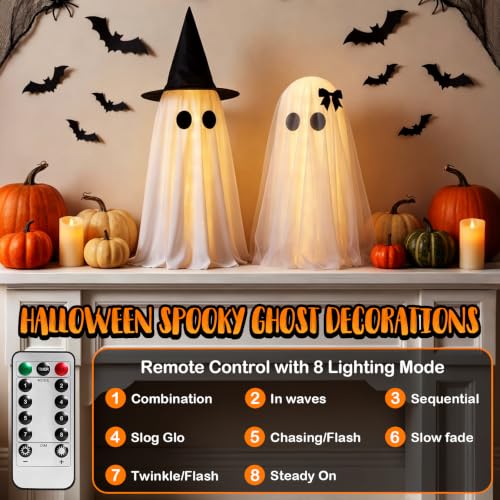 Light Up Halloween Ghost Decorations with Remote Control - 2 Pack Spooky Ghosts with Witch Hat & Veil