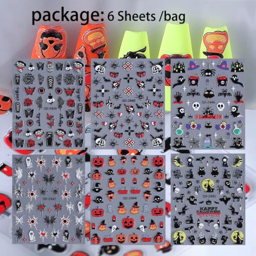 Halloween Nail Stickers Set - 6 Sheets Self-Adhesive Nail Art Decals - Halloween Sd24a
