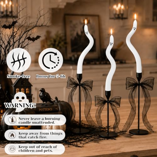 Ghost Candles with Candleholder - 3pcs Halloween Indoor Decor Set with Ribbons