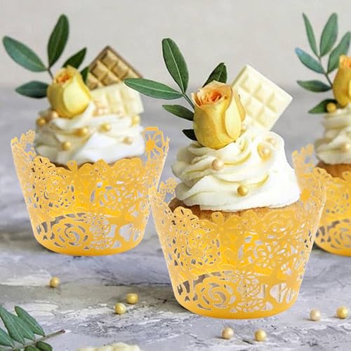 Antrader Gold Lace Cupcake Liners - Wedding & Party Baking Wraps, 50 Pieces