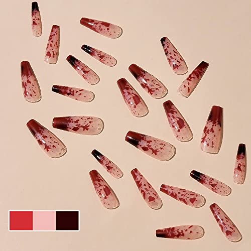Red Halloween Fake Nails Long Acrylic Coffin Tips with Blood Drip Design - 24Pcs