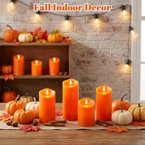 3 Pack Orange Flameless Battery Operated Pillar Candles with Remote Timer